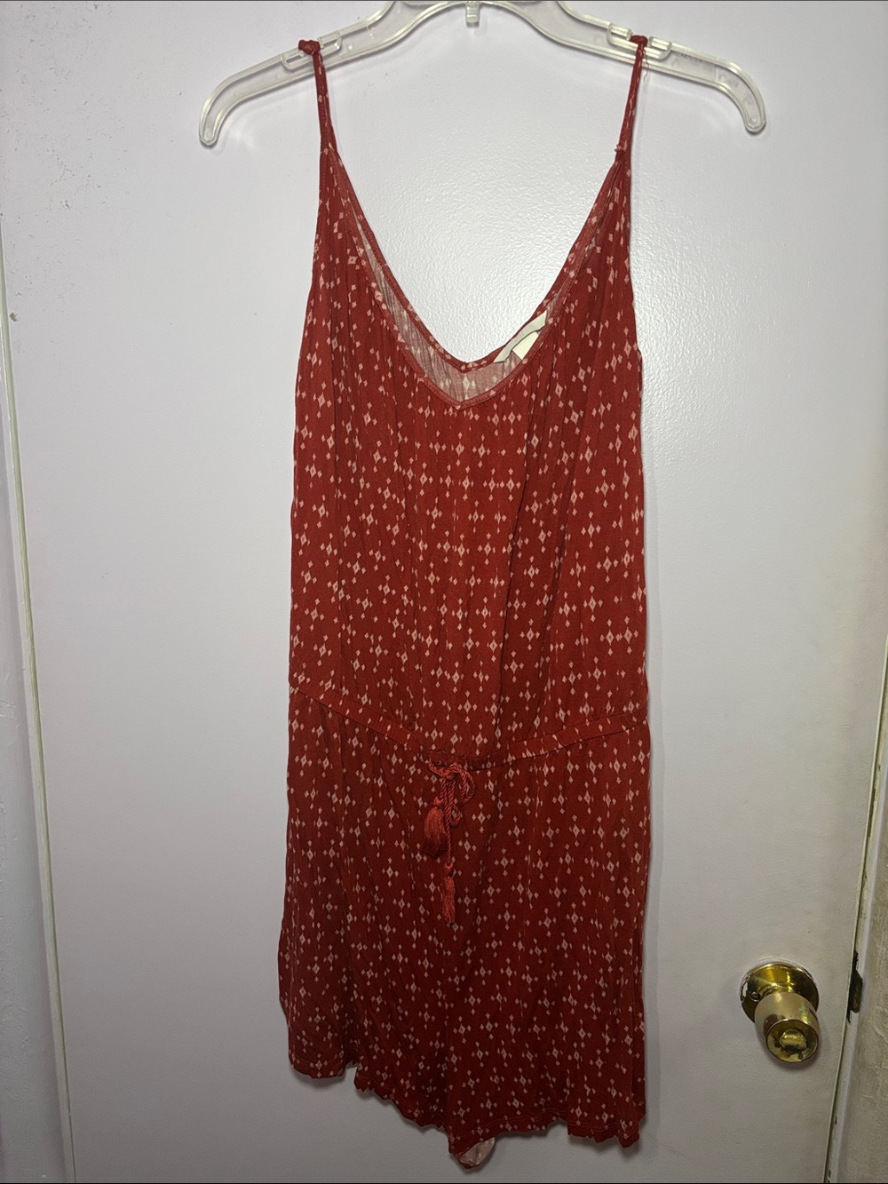 H&M Rust Red Spaghetti-Strap Romper with Cream Print